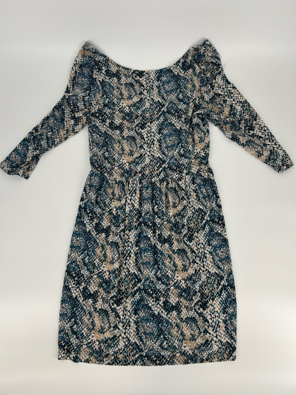 Tart Snake-Print Long Sleeve Midi Dress in Blue and Tan
